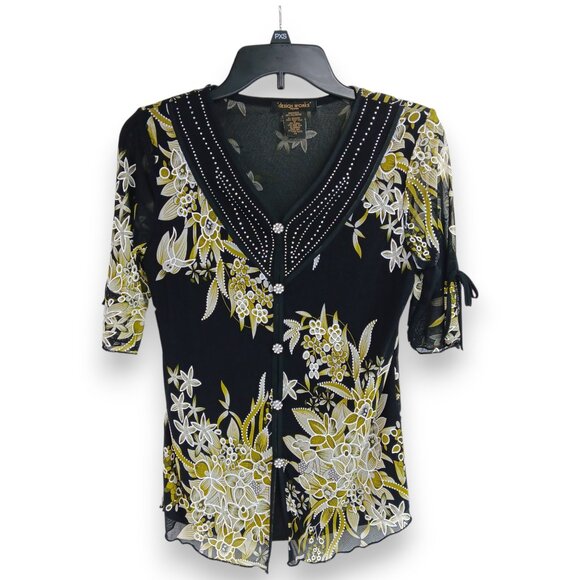 Design Works- Women's Top-Black, Green-White floral- PSMALL-Lined 3/4 Sleeve - Picture 2 of 14